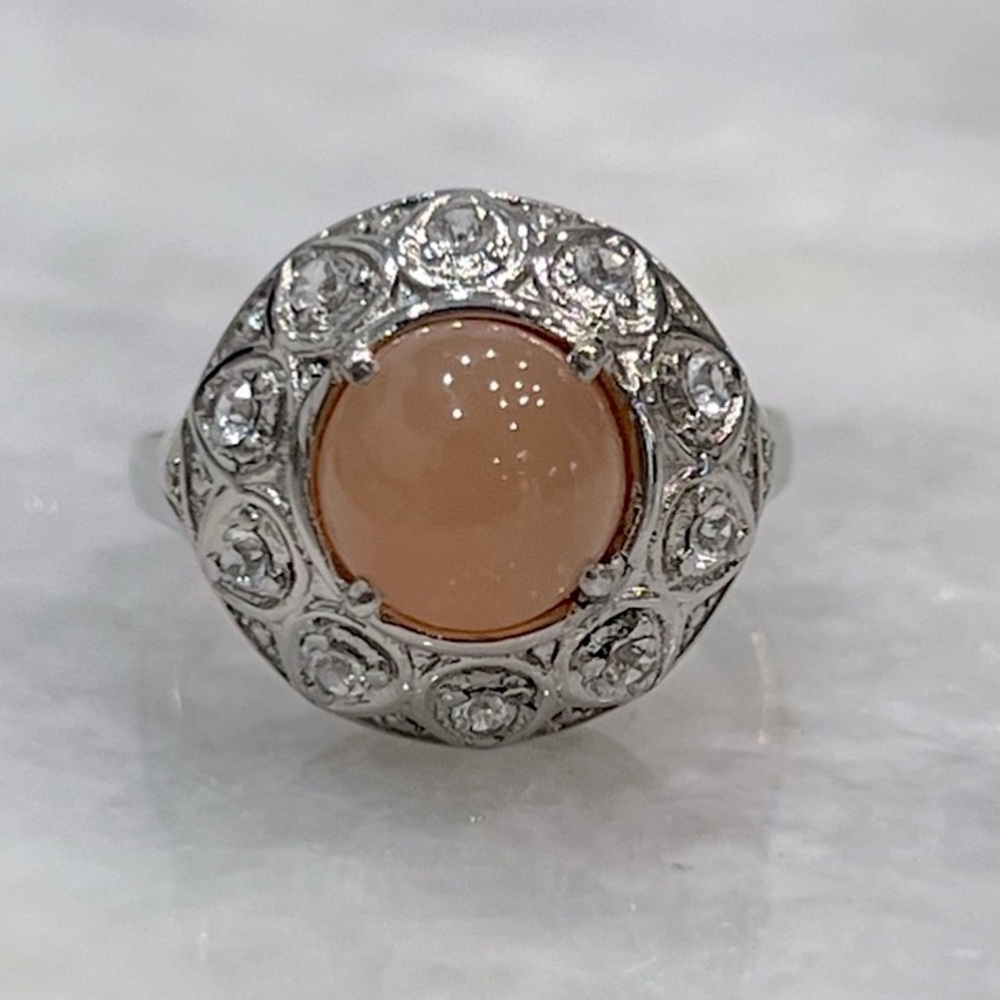 Orange Moonstone and White Topaz Silver Ring Sz 8